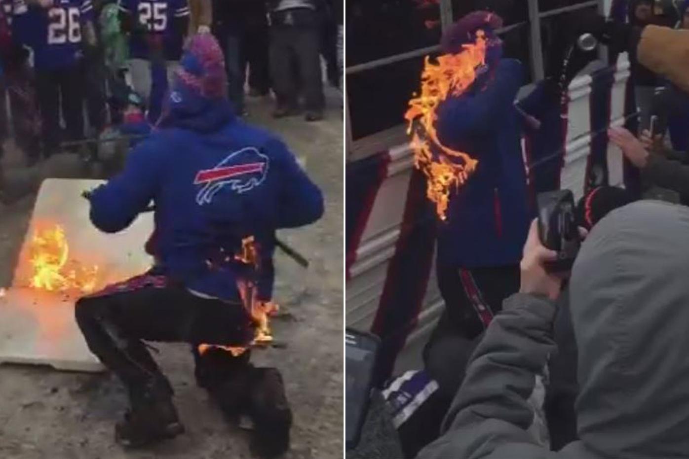 Partying Bills fan catches fire, gets saved by beer