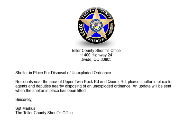 Shelter in place in effect around Teller County residence with potential explosives
