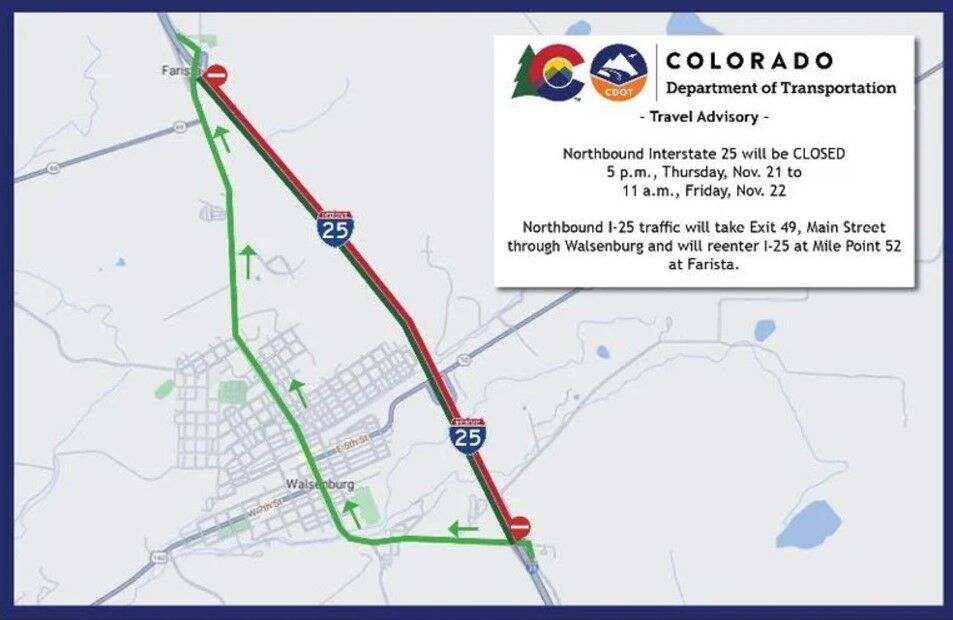 Northbound I-25 to close overnight in southern Colorado