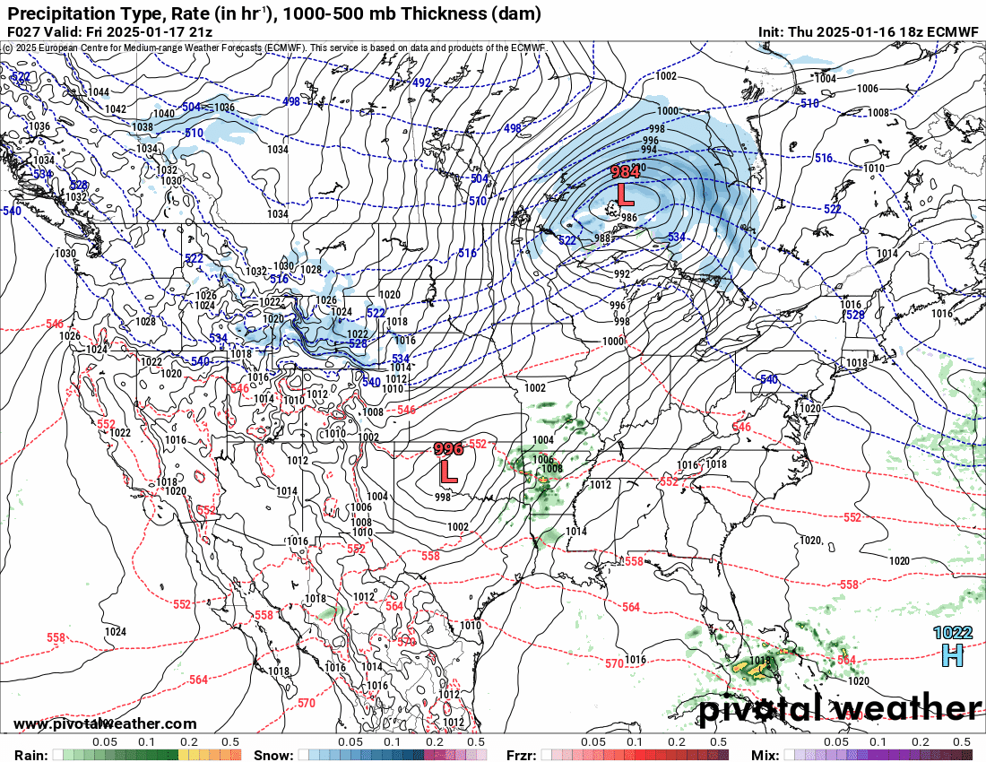 An ECMWF Precipitation Type, Rate (in/hr), 1000-500 mb Thickness (dam) forecast model loop of the US from January 17-19