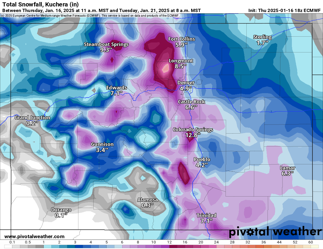 An ECMWF Total snowfall, Kuchera (in) forecast model map of Colorado from January 16-21