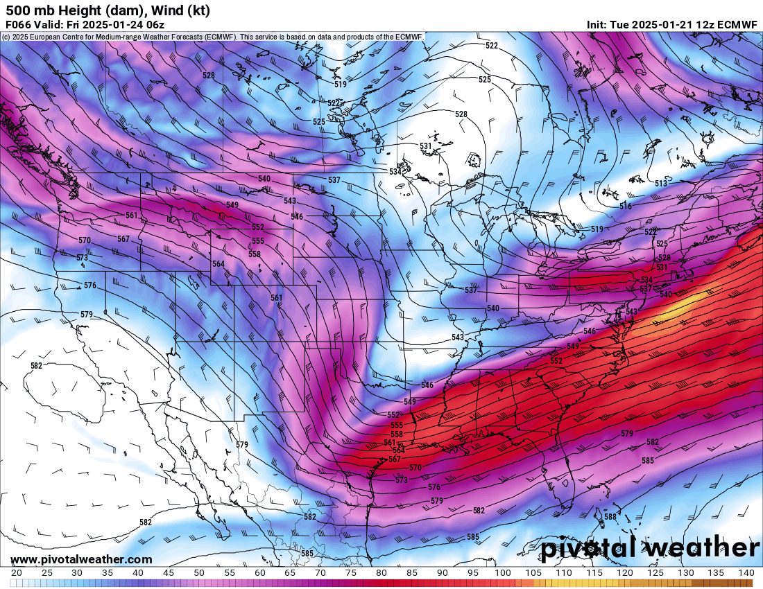 An ECMWF 500 mb Height (dam), Wind (kt) forecast model loop of the US from January 21-27
