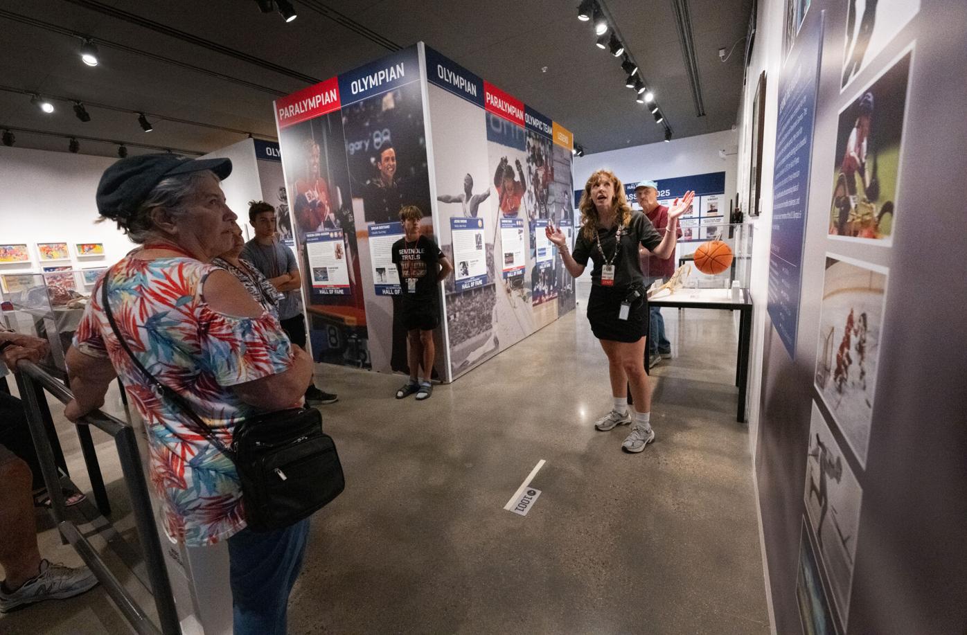 Guide Maggie Percival leads a Hall of Fame Specialty Tour through the U.S. Olympic & Paralympic Museum Wednesday, July 23, 2025.