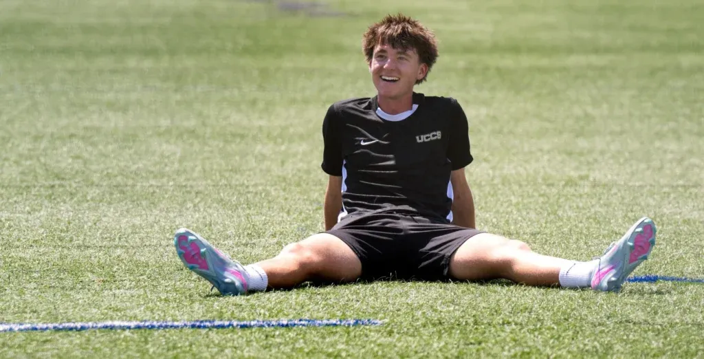 University of Colorado Colorado Springs midfielder Aidan Harris takes a break while practicing Aug. 12 at Mountain Lion Stadium in Colorado Springs