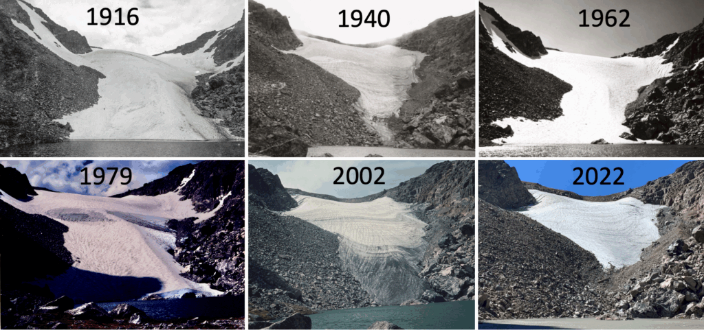 Colorado State University professor and glaceologist Dan McGrath compiled these photos from the National Snow and Ice Data Center showing changes over the years at Andrews Glacer. 1916 Willis Lee/NSIDC; 1940 Paul Nesbit/NSIDC; 1962 C.B. Harris/NSIDC; 1979 and 2002: Russell Allen/NSIDC; 2022 McGrath.