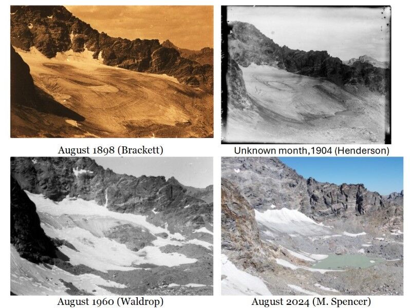 University of Colorado-Boulder PhD candidate Millie Spencer compiled these photos showing changes at Arapaho Glacier over time. The photos from the National Snow and Ice Data Center are from 1898 (Brackett); 1904 (Henderson); 1960 (Waldrop); and 2024 (Spencer). 