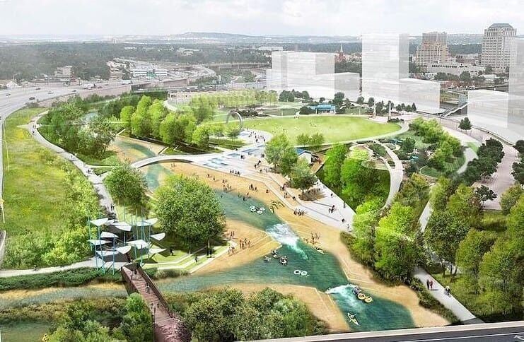 An illustration of beaches and outdoor activities along the banks of Fountain Creek in America the Beautiful Park.