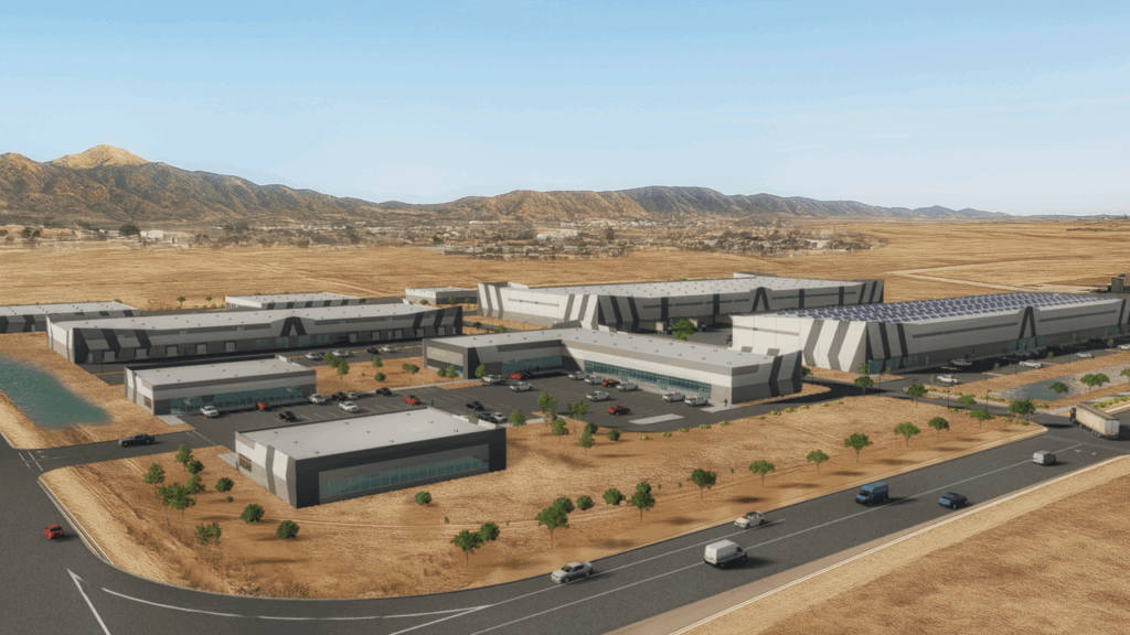 A rendering of a new industrial business park in Colorado Springs. Currently only one of the roughly nine buildings rendered is complete.