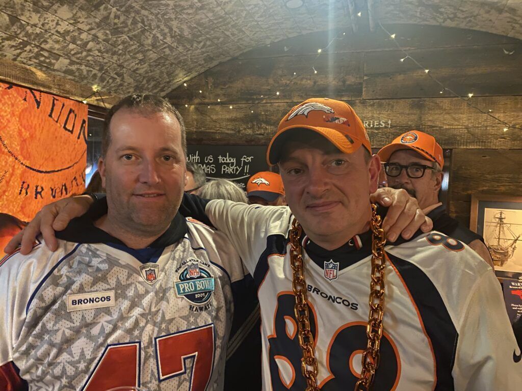 Frank Ewald (left) and Mirko Peters, longtime Denver Broncos fans from Hamburg, Germany, at the Orange Herd Fan Rally at The Admiralty, a London pub, on Saturday in advance of the Broncos facing the New York Jets in London on Sunday.