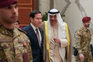 U.S. Secretary of State Marco Rubio, left, and Kuwait's Crown Prince Sheikh Sabah Khaled Al-Hamad Al-Sabah share a word on the occasion of their meeting at Bayan Palace during Rubio's visit to the Middle East to discuss the interim deal between the U.S. and Iran with Arab Gulf allies, in Kuwait City, Kuwait, Wednesday, June 24, 2026. (Eric Lee/Pool Photo via AP)