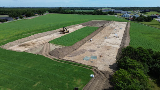 An aerial shot shows an archaeological site in Soften near Aarhus, Denmark, on June 22, 2026. (AP Photo/James Brooks)